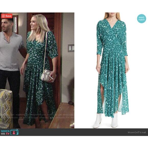 MAJE Green Floral Midi Dress Surplice Neck Wedding Cocktail Party Romantic Boho - Picture 12 of 12